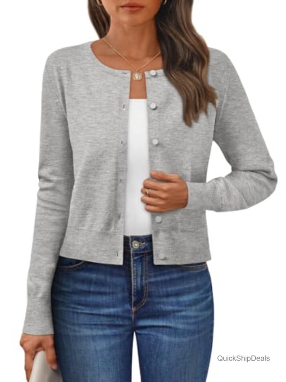 Cropped Knit Cardigan Women Lightweight V-Neck 3/4 Sleeve Button Front